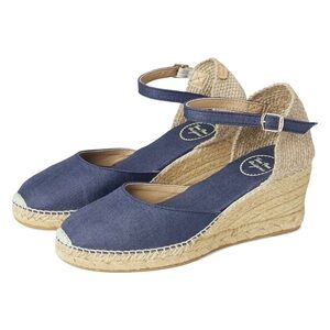 Toni Pons Shoes Women’s Size 40 Caldes Linen Wedge Sandals Navy Blue + Tan Heels